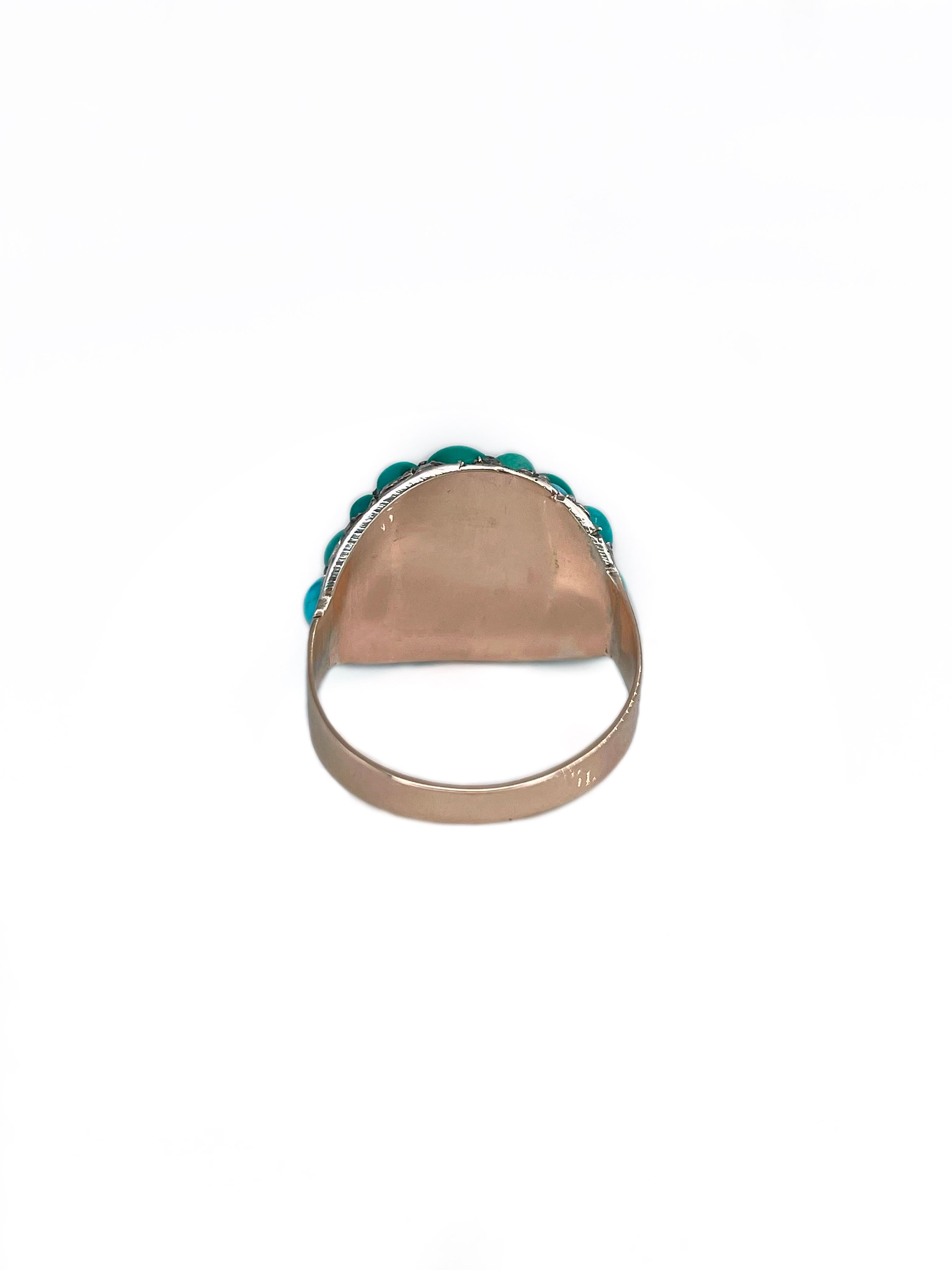 Women's Victorian 14 Karat Gold Pavé Set Turquoise Dome Ring For Sale