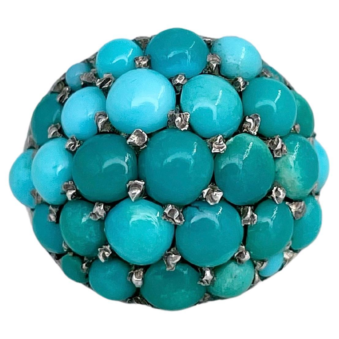 Victorian 14 Karat Gold Pavé Set Turquoise Dome Ring For Sale