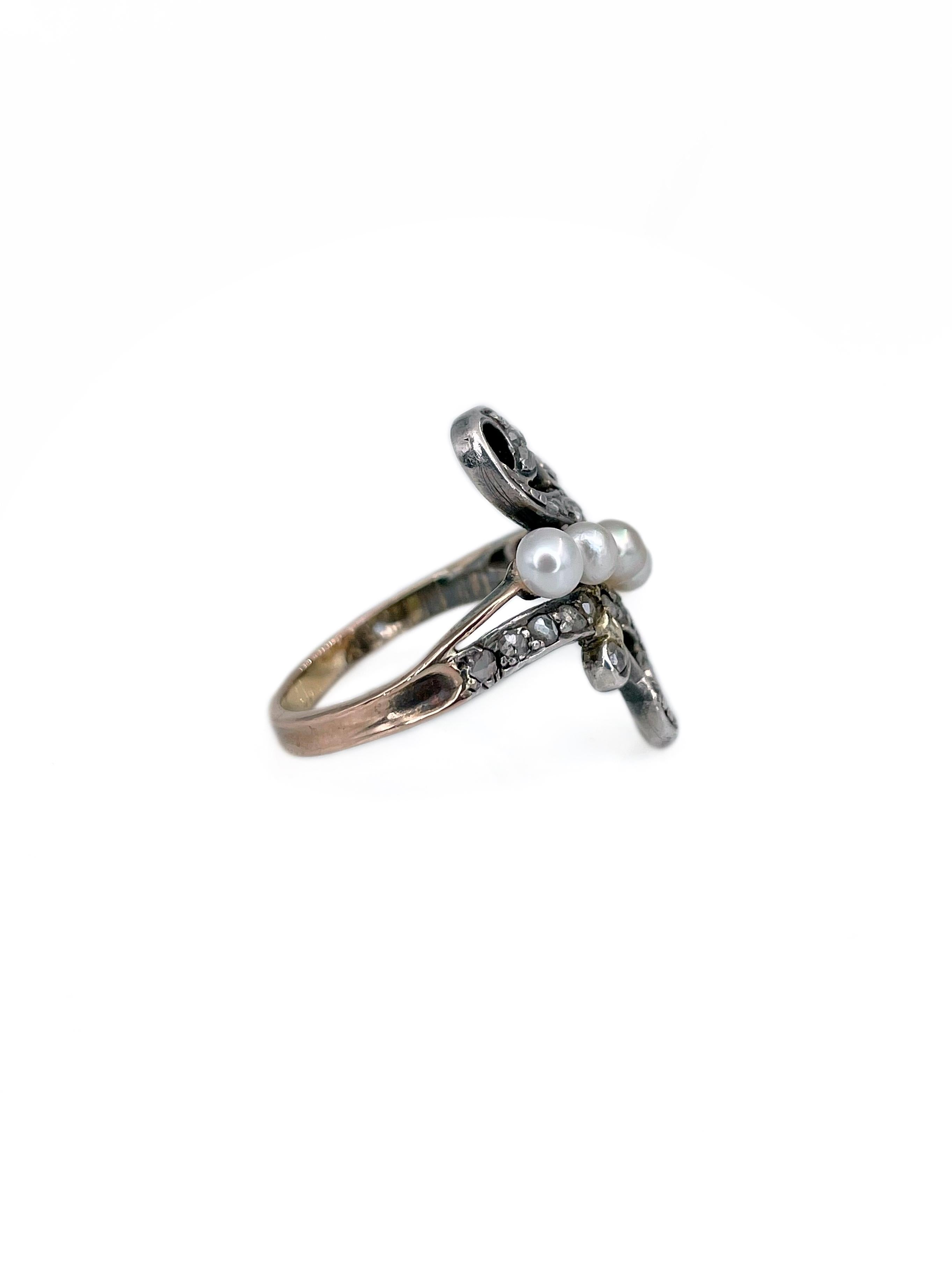 Victorian 14 Karat Gold Pearl 0.14 Carat Rose Cut Diamond Cocktail Ring In Good Condition For Sale In Vilnius, Vilniaus apskr.