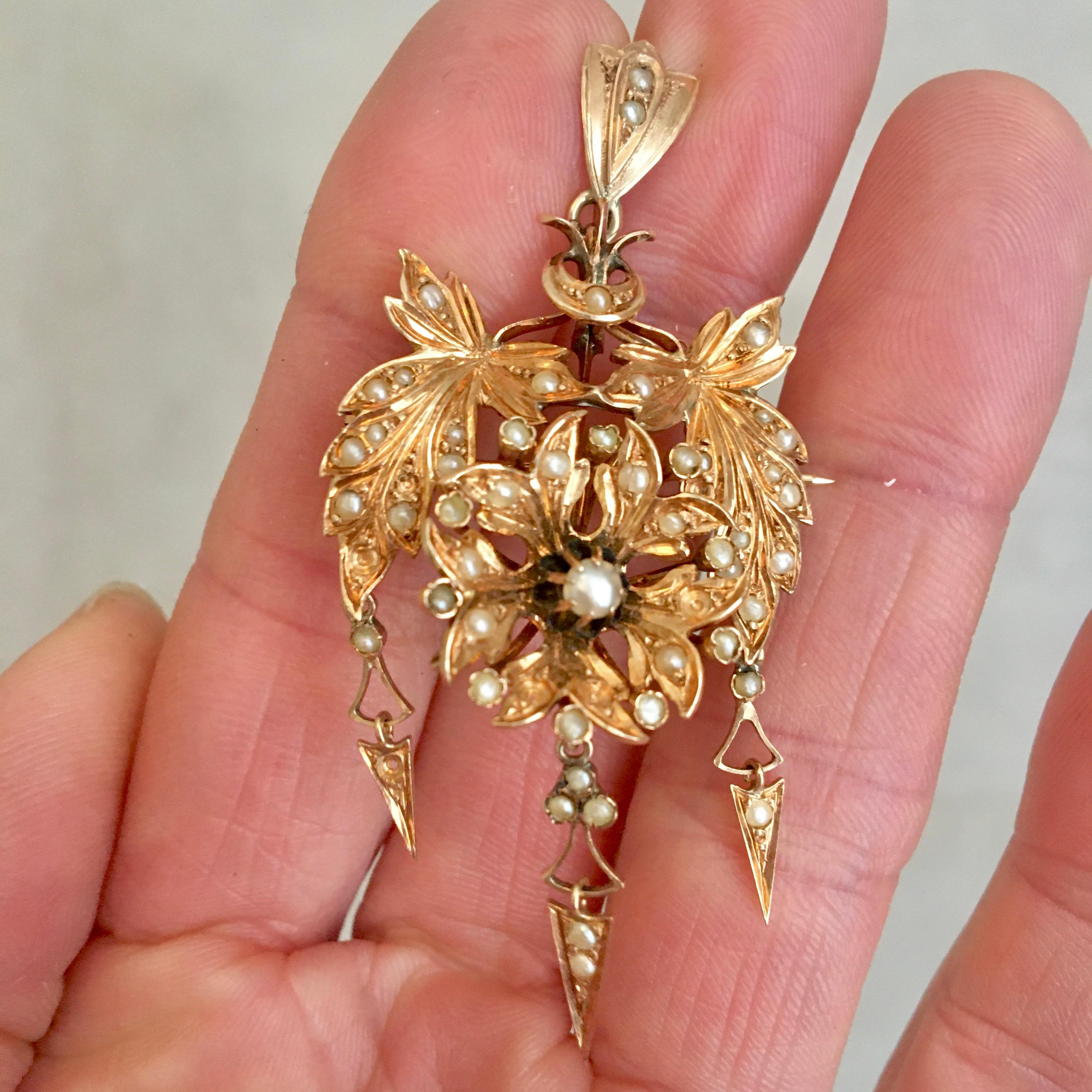 Victorian Antique 19th Century Pearl and 14K Gold Pendant Brooch For Sale