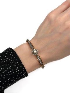 Victorian 14 Karat Gold Pearl Rose Cut Diamond Hinged Bangle Bracelet