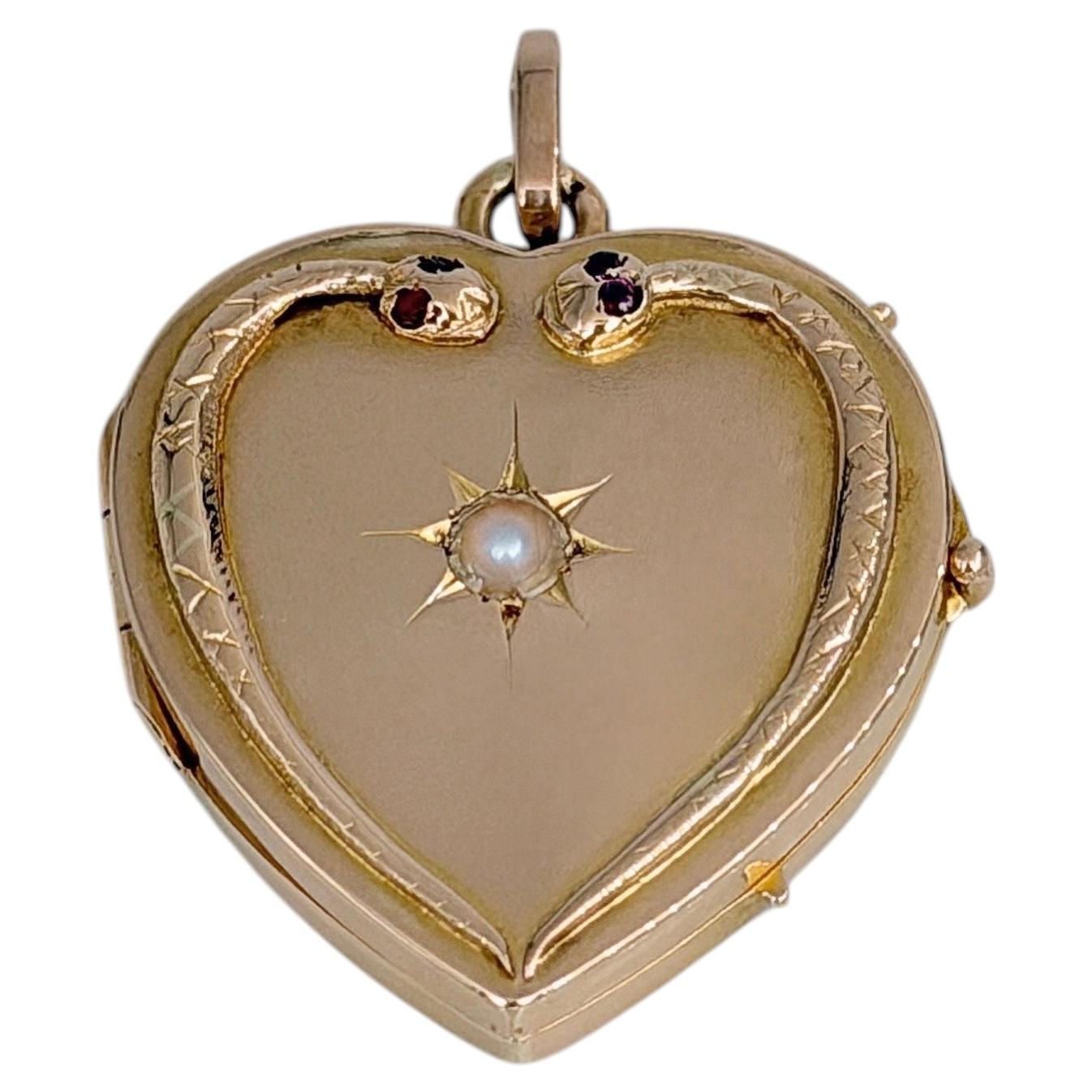 Victorian 14 Karat Gold Pearl Snake Heart Locket Pendant For Sale