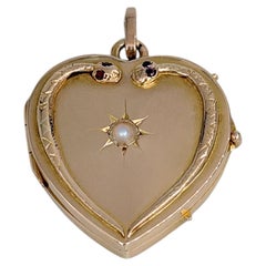 Victorian 14 Karat Gold Pearl Snake Heart Locket Pendant