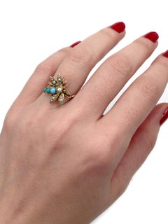 Victorian 14 Karat Gold Pearl Turquoise Dragonfly Ring
