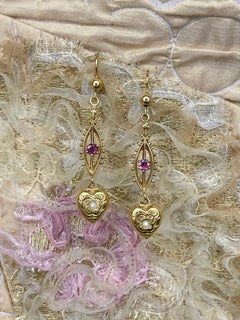 Victorian 14 Karat Gold Pink Sapphire Seed Pearl Heart Drop Dangle Earrings