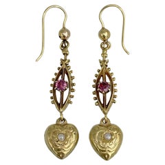 Victorian 14 Karat Gold Pink Sapphire Seed Pearl Heart Drop Dangle Earrings