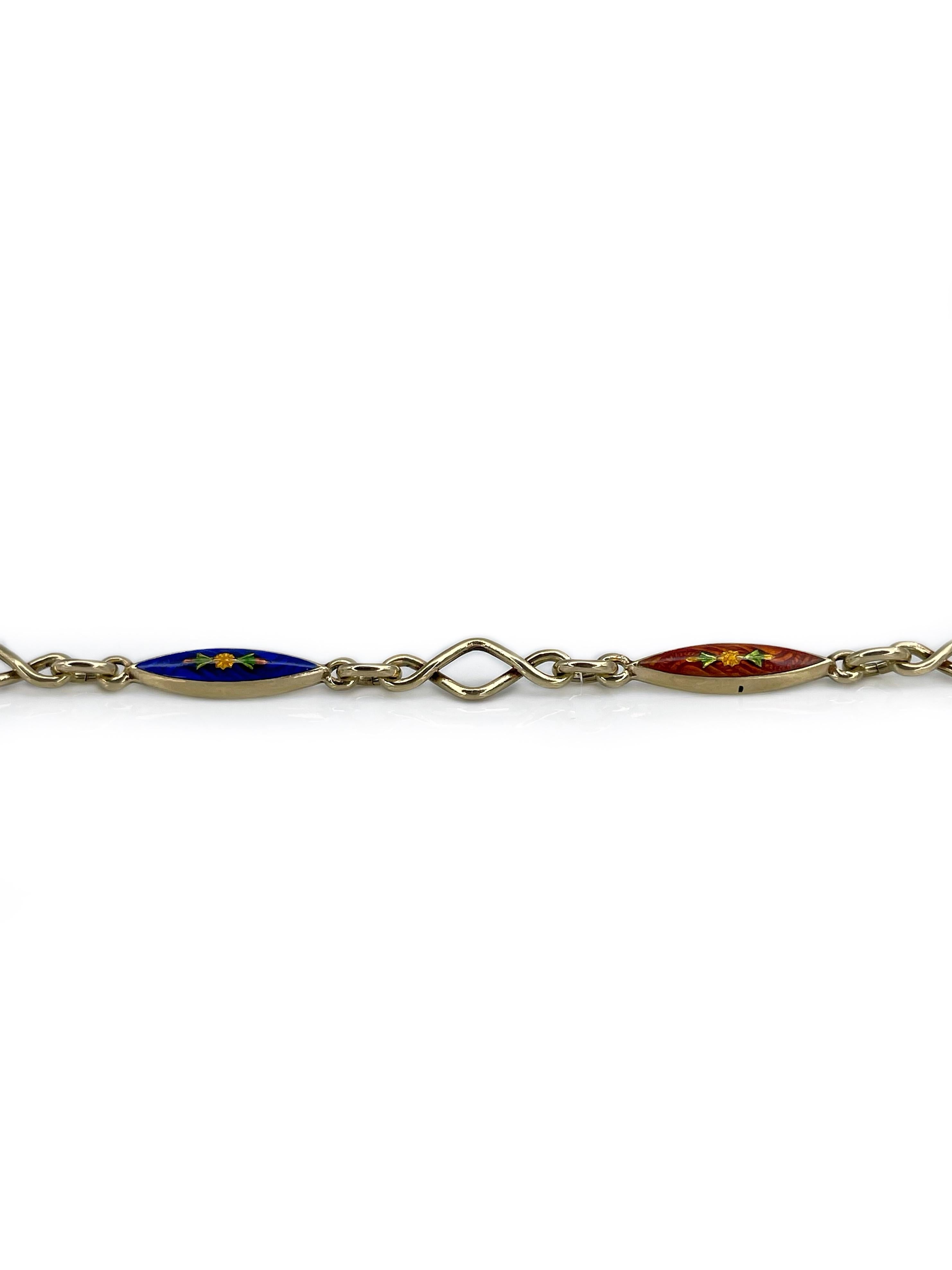 This is a lovely Victorian chain bracelet crafted in 14K gold. It features red and blue guilloche enamel floral motif segments. 

Has a safe clasp.

Weight: 4.95g
Length: 19cm

 ———

If you have any questions, please feel free to ask. We describe