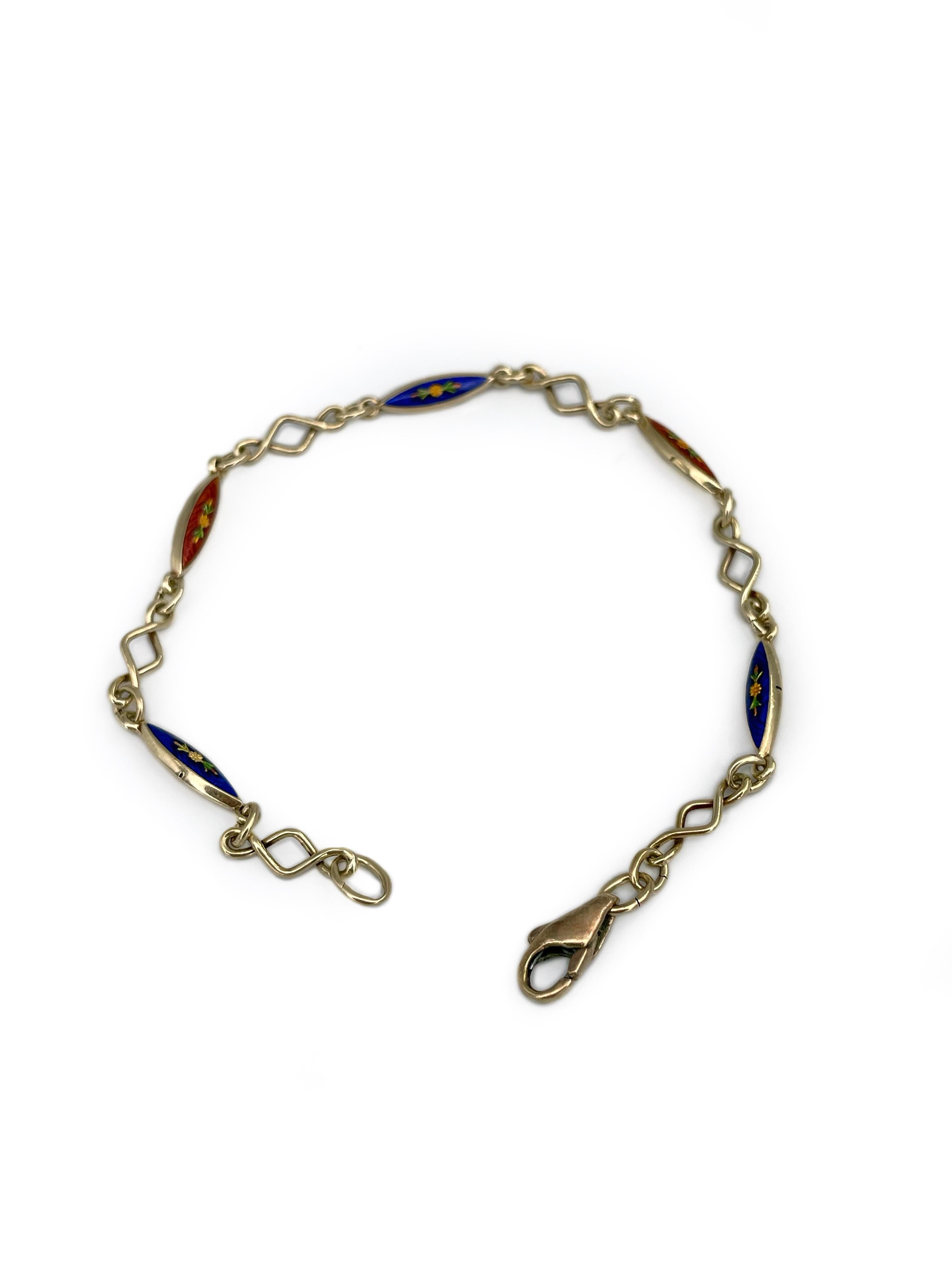 Women's Victorian 14 Karat Gold Red Blue Enamel Chain Bracelet For Sale