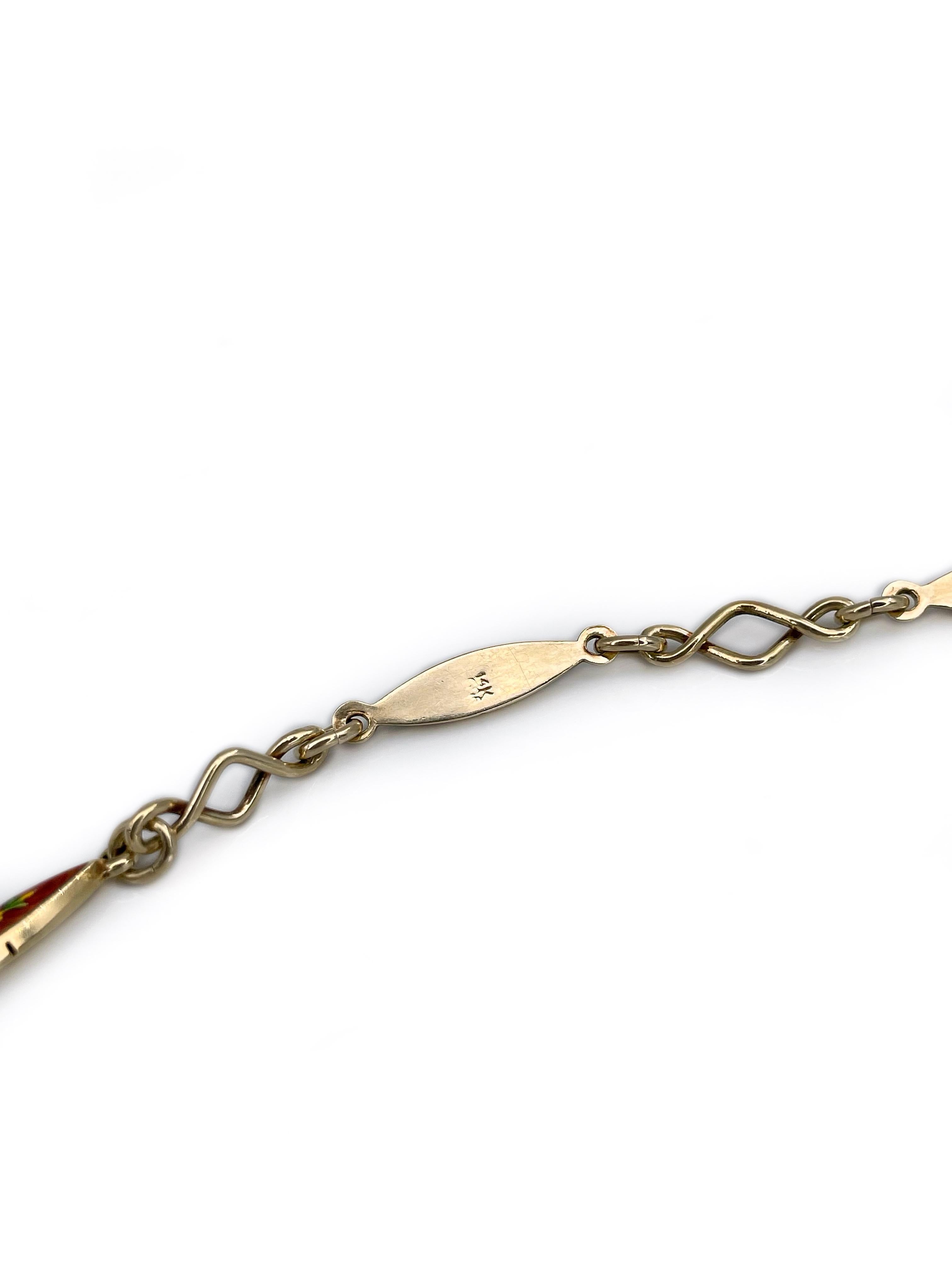 Victorian 14 Karat Gold Red Blue Enamel Chain Bracelet For Sale 2