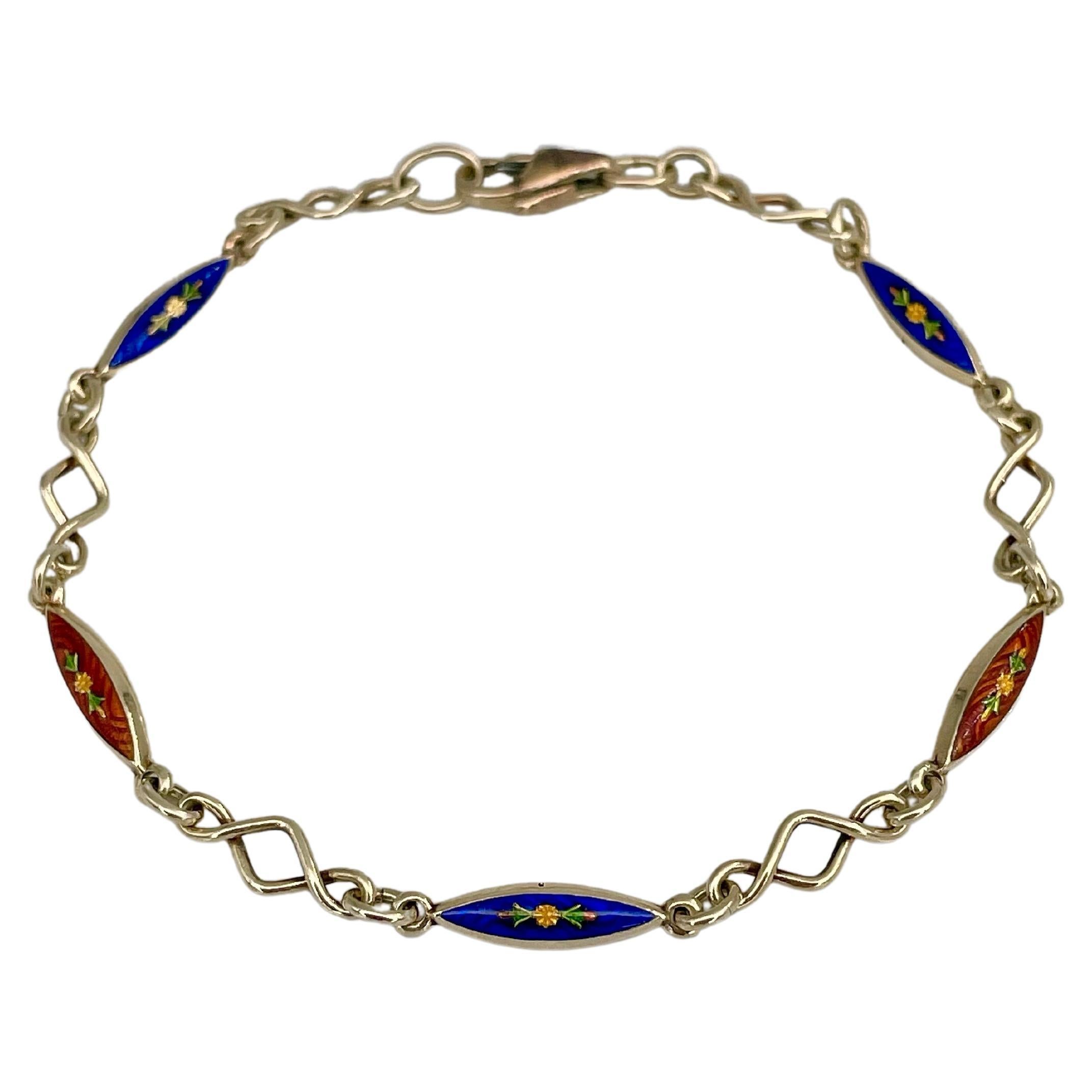 Bracelet victorien en or 14 carats avec chaîne en émail rouge et bleu