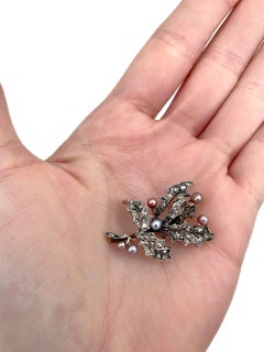 Victorian 14 Karat Gold Rose Cut Diamond Colourful Pearl Holly Leaf Pin Brooch