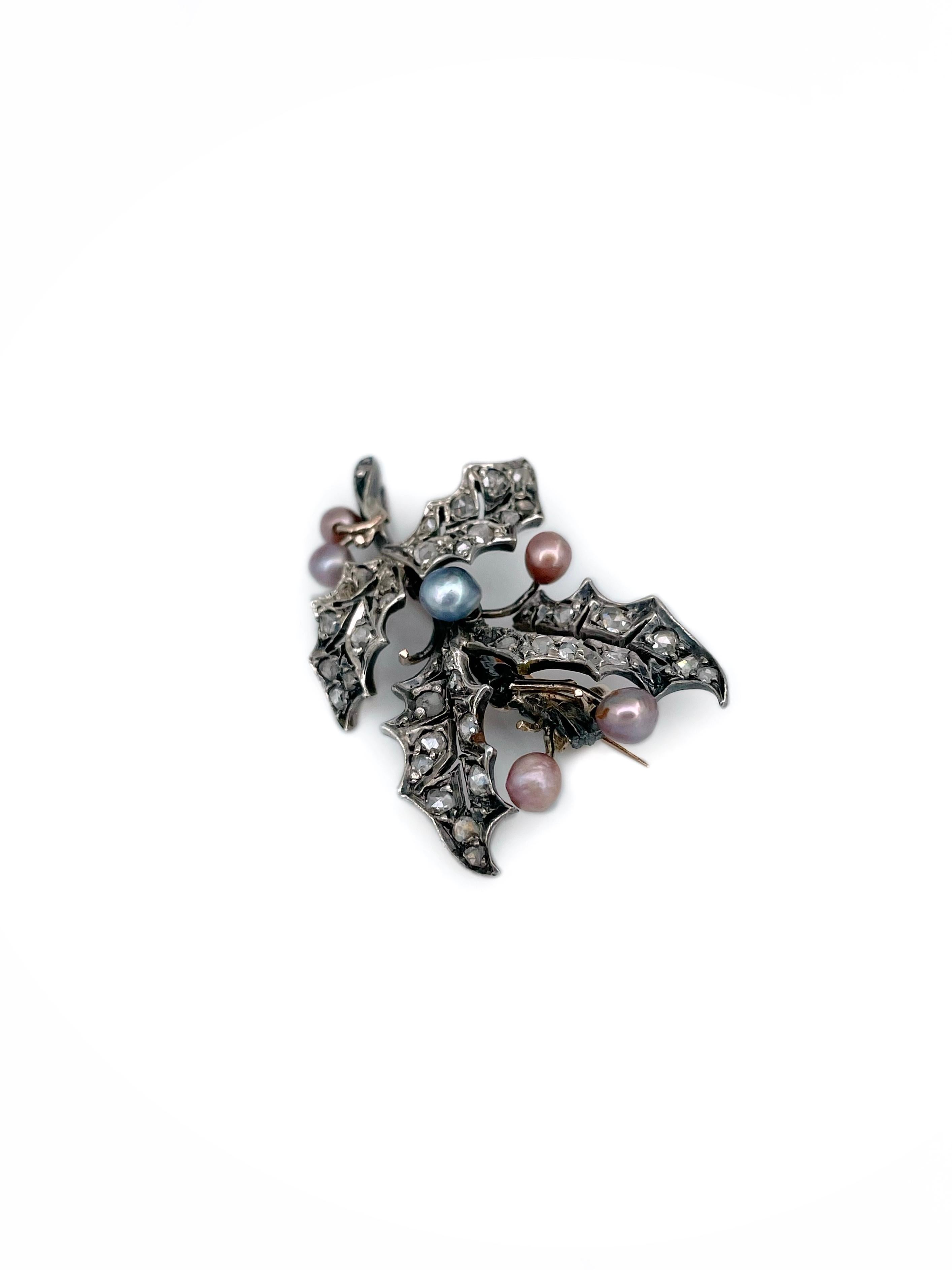 Mixed Cut Victorian 14 Karat Gold Rose Cut Diamond Colourful Pearl Holly Leaf Pin Brooch For Sale