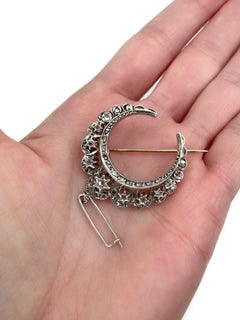 Victorian 14 Karat Gold Rose Cut Diamond Crescent Moon Pin Brooch