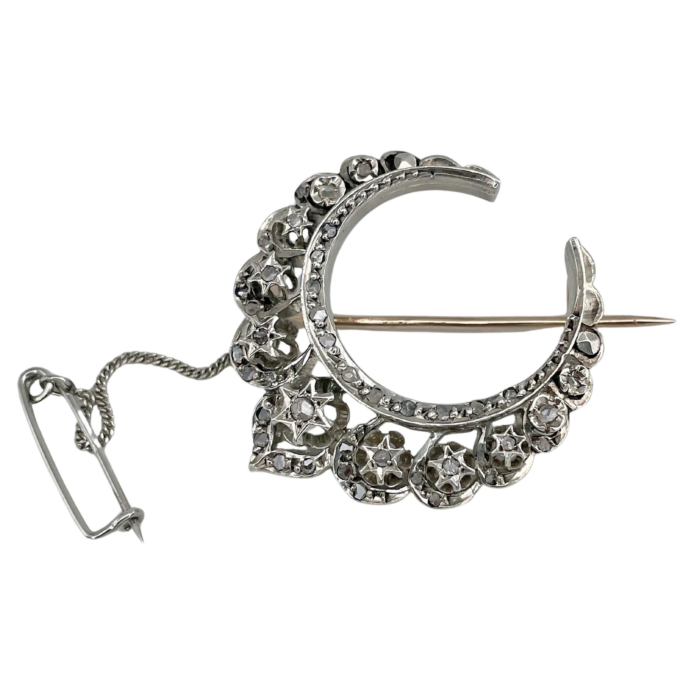 Victorian 14 Karat Gold Rose Cut Diamond Crescent Moon Pin Brooch For Sale
