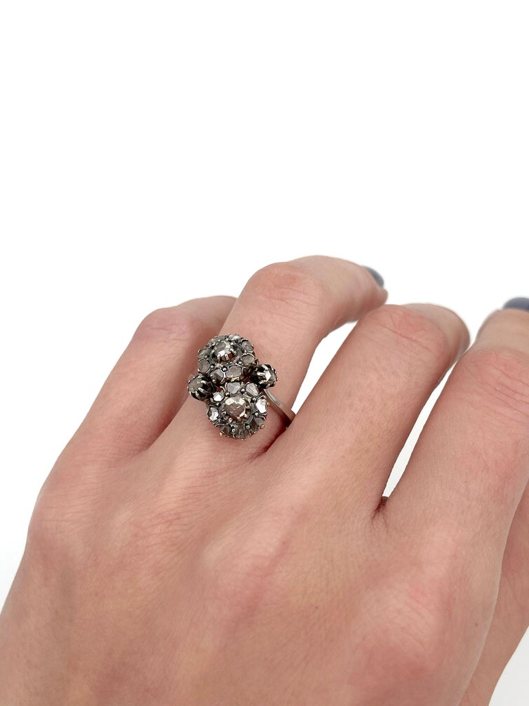 Victorian 14 Karat Gold Rose Cut Diamond Double Cluster Ring at 1stDibs