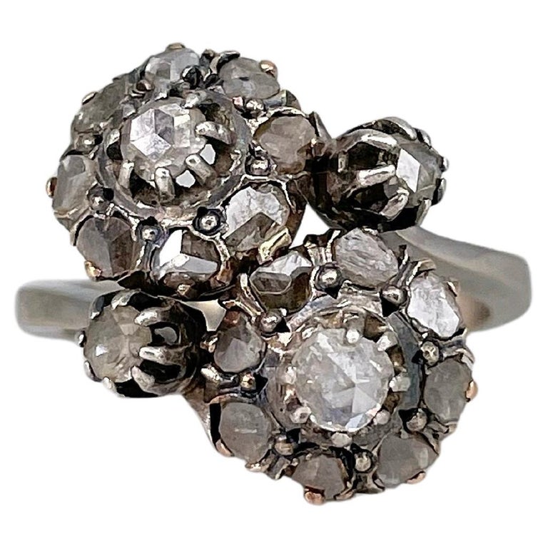 Victorian 14 Karat Gold Rose Cut Diamond Double Cluster Ring at 1stDibs