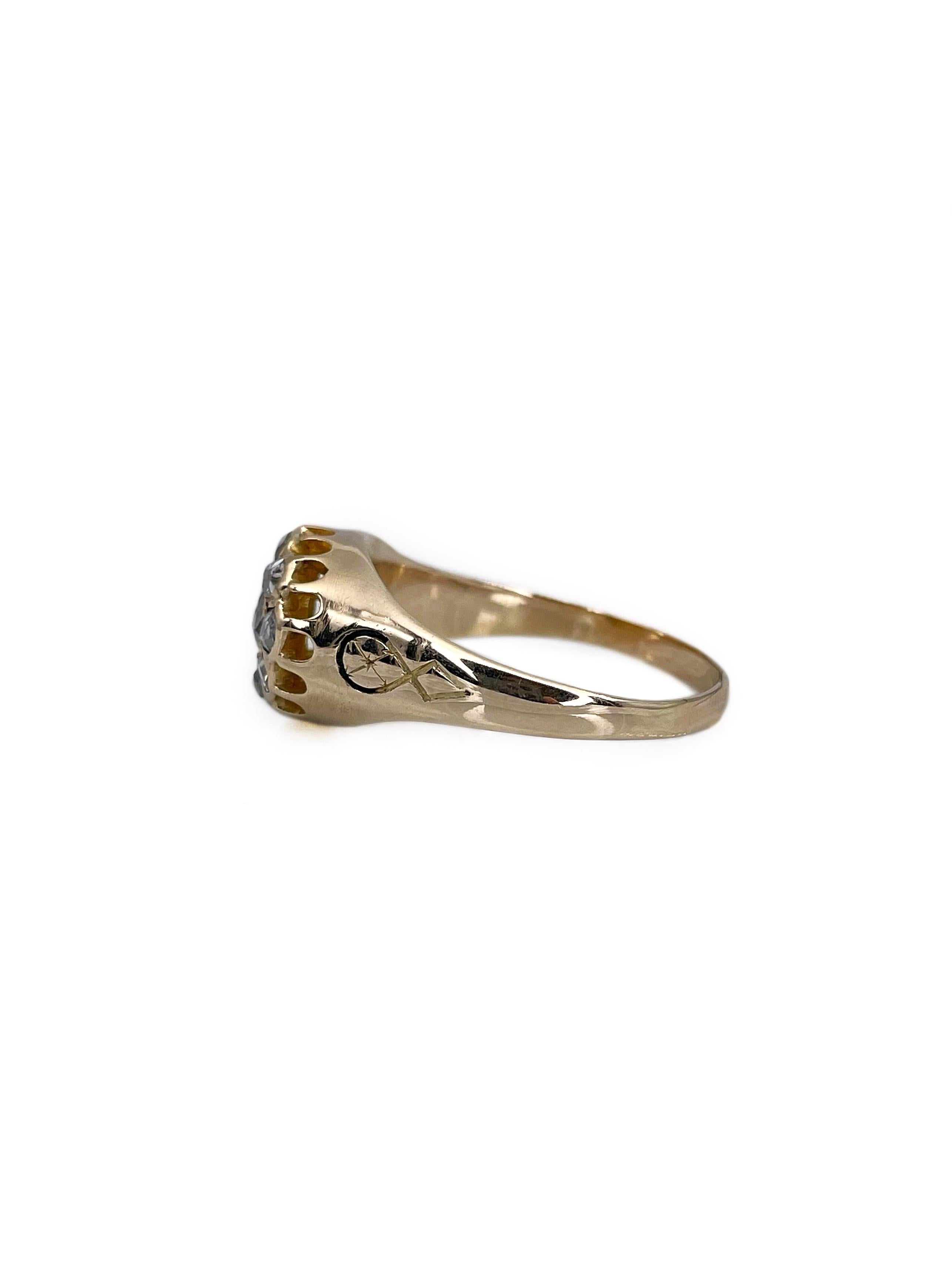 Women's or Men's Victorian 14 Karat Gold Rose Cut Diamond Enamel Cluster Ring