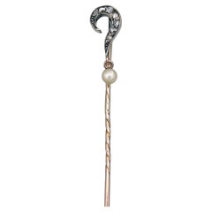 Victorian 14 Karat Gold Rose Cut Diamond Pearl Question Mark Stick Pin Brooch