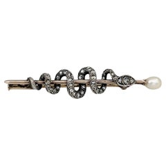 Victorian 14 Karat Gold Rose Cut Diamond Pearl Snake Bar Brooch