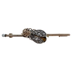 Victorian 14 Karat Gold Rose Cut Diamond Pearl Tigers Eye Insect Bar Brooch