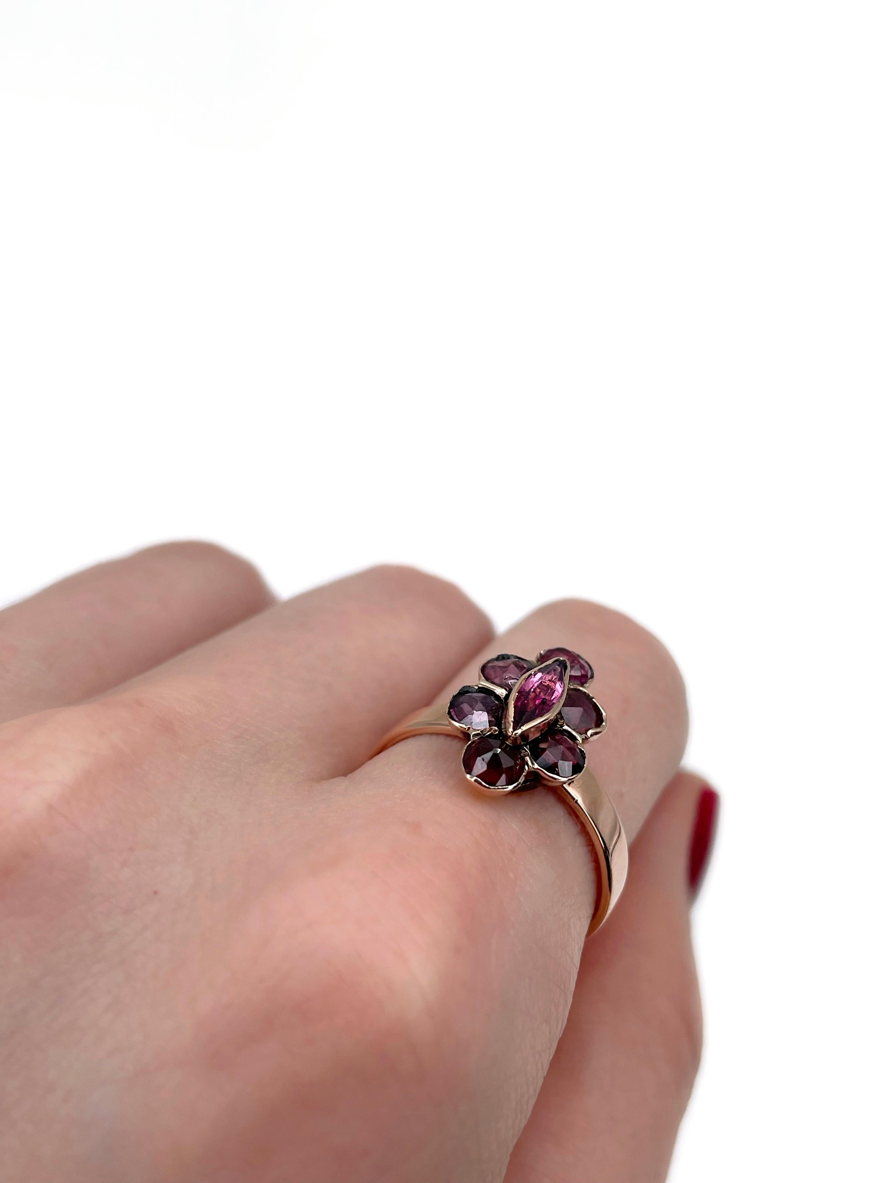 Mixed Cut Victorian 14 Karat Gold Rose Cut Garnet Ruby Navette Ring For Sale