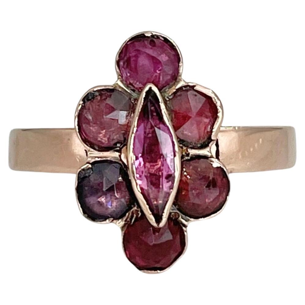 Victorian 14 Karat Gold Rose Cut Garnet Ruby Navette Ring For Sale