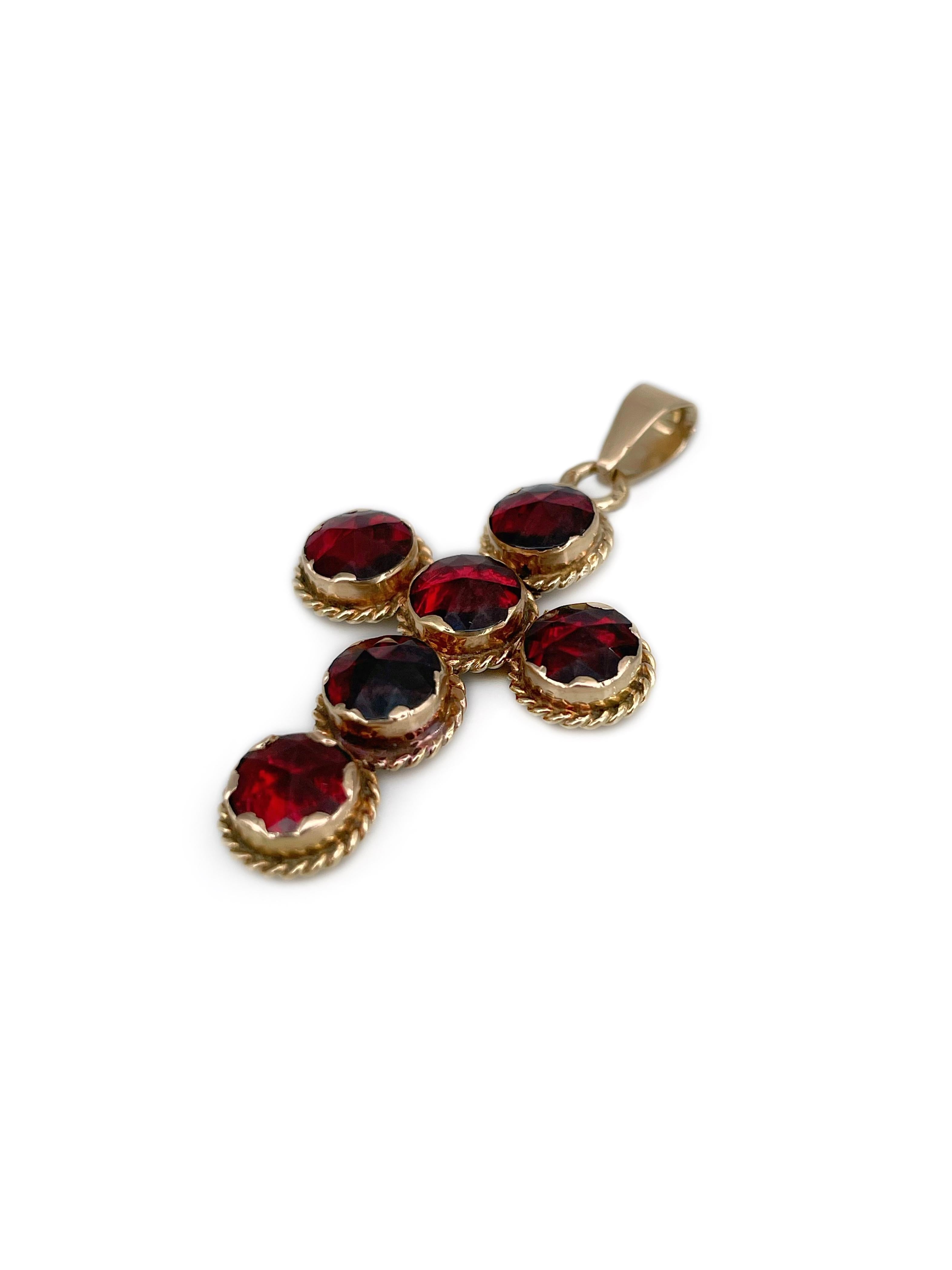Victorien Pendentif croix victorien en or 14 carats avec grenat rouge taillé en rose en vente