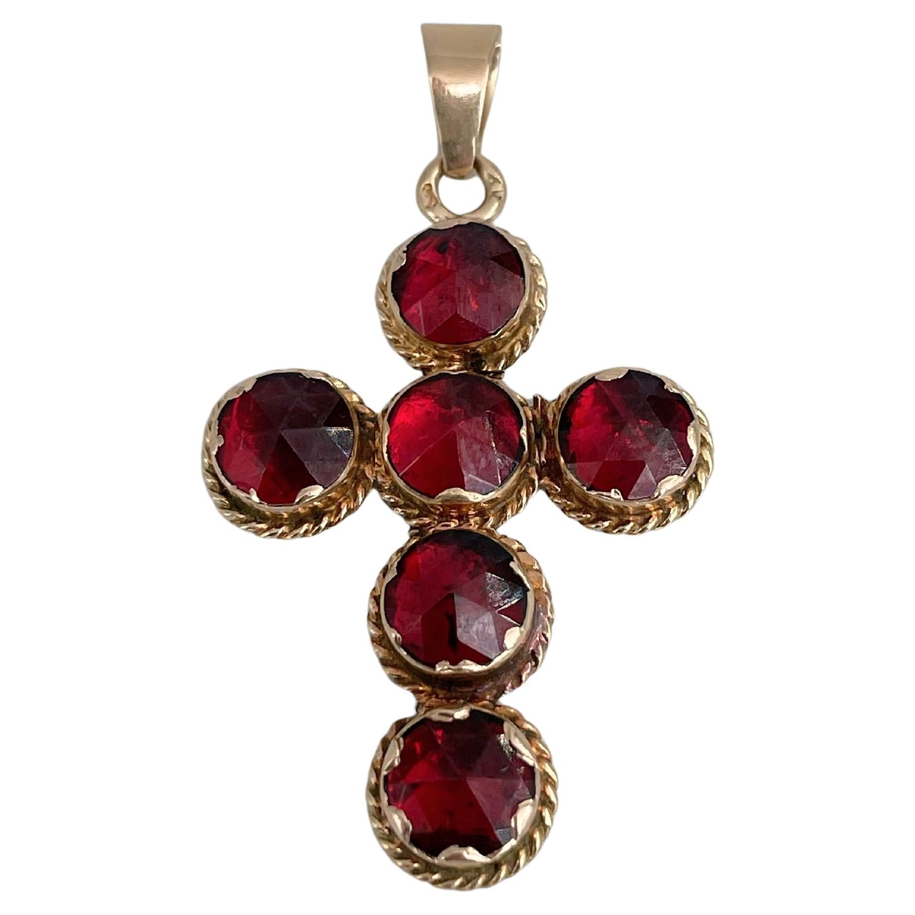 Victorian 14 Karat Gold Rose Cut Red Garnet Cross Pendant