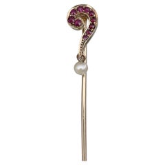 Victorian 14 Karat Gold Ruby Pearl Question Mark Stick Pin Brooch