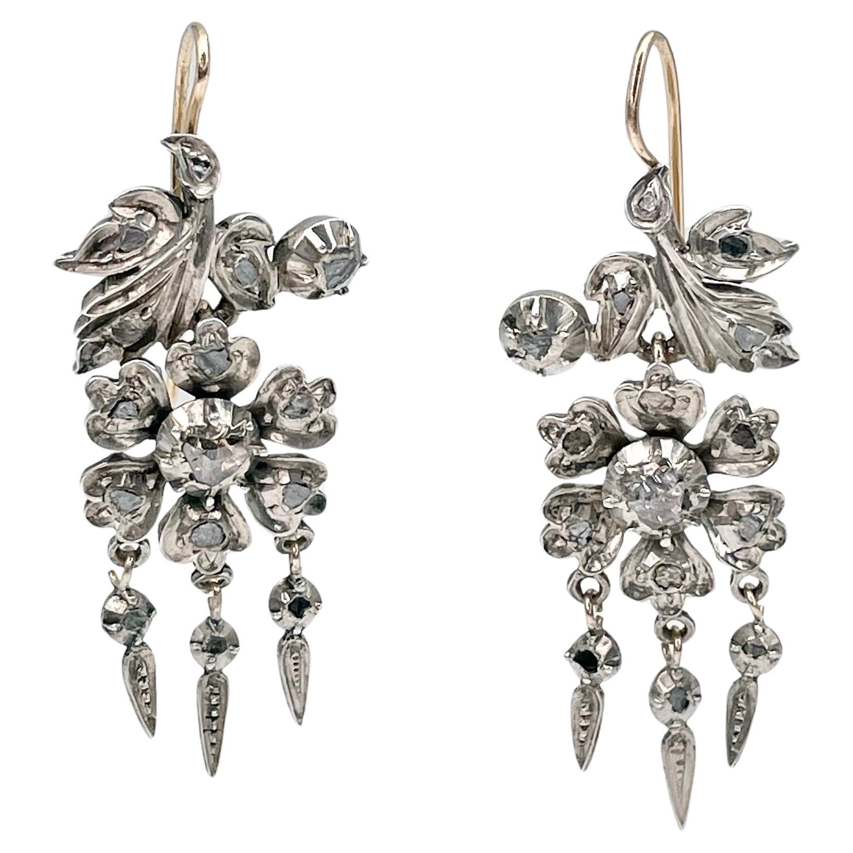 Victorian 14 Karat Gold Silver Rose Cut Diamond Floral Dangle Earrings For Sale