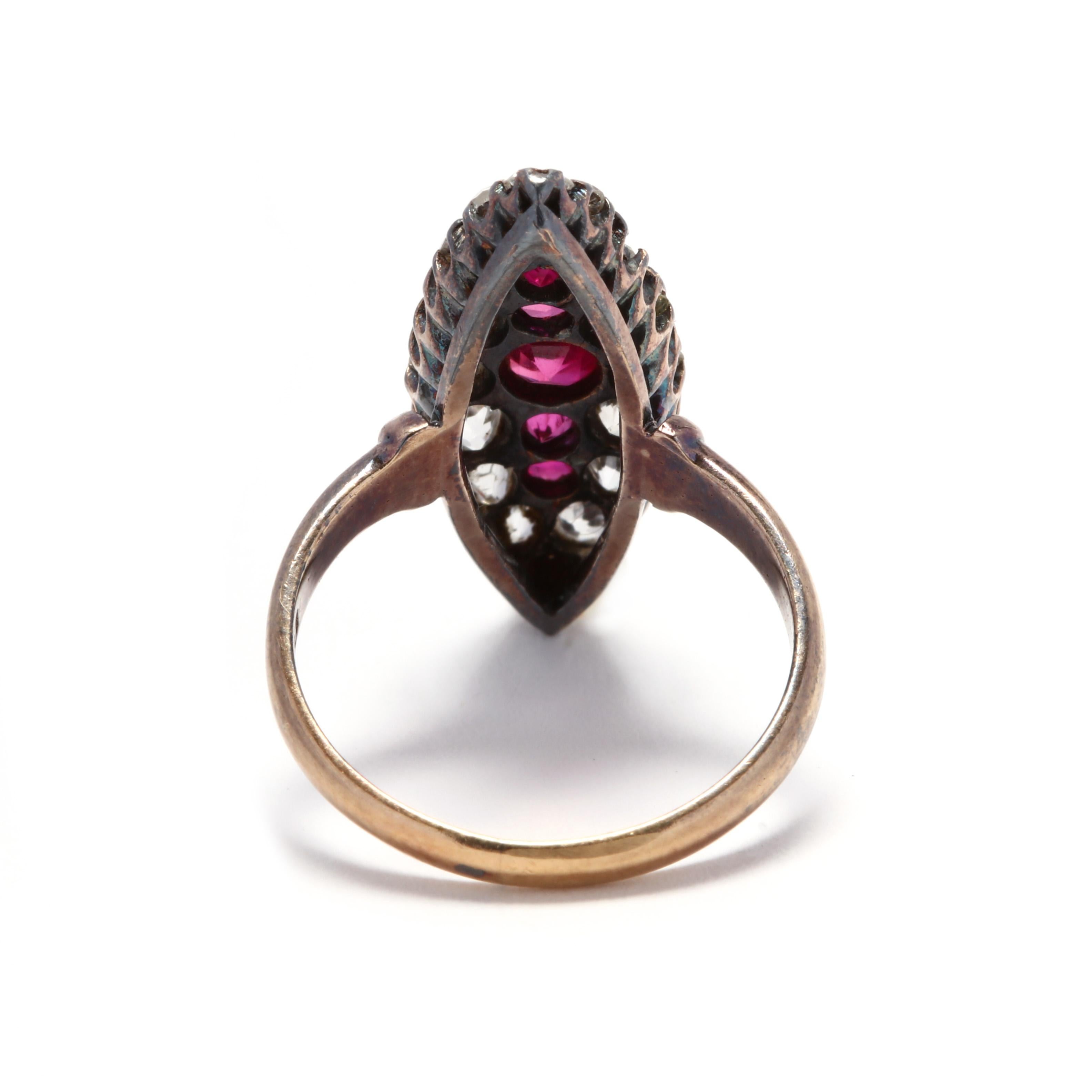 Old European Cut Victorian 14 Karat Gold Synthetic Ruby and Diamond Navette Ring