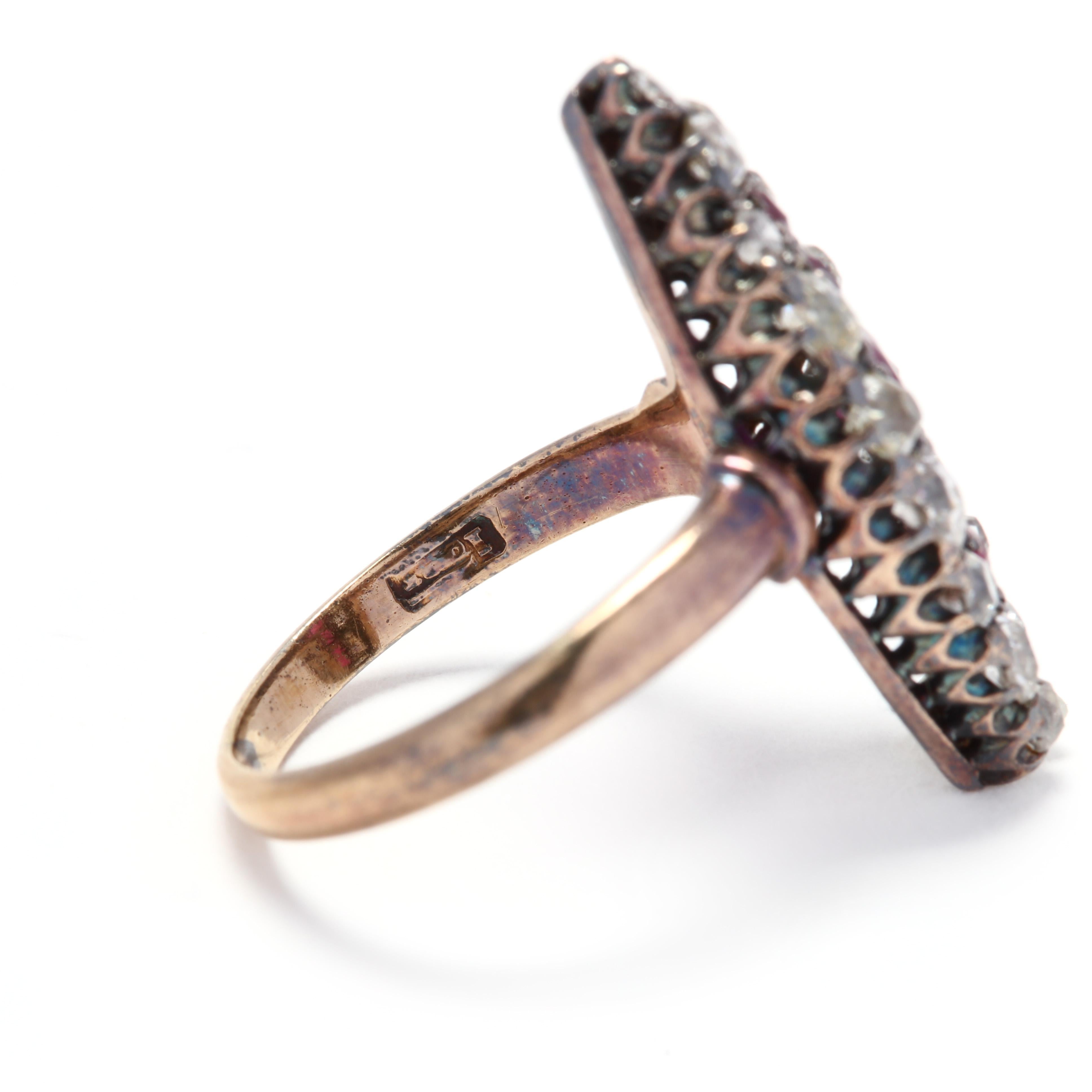 Women's or Men's Victorian 14 Karat Gold Synthetic Ruby and Diamond Navette Ring