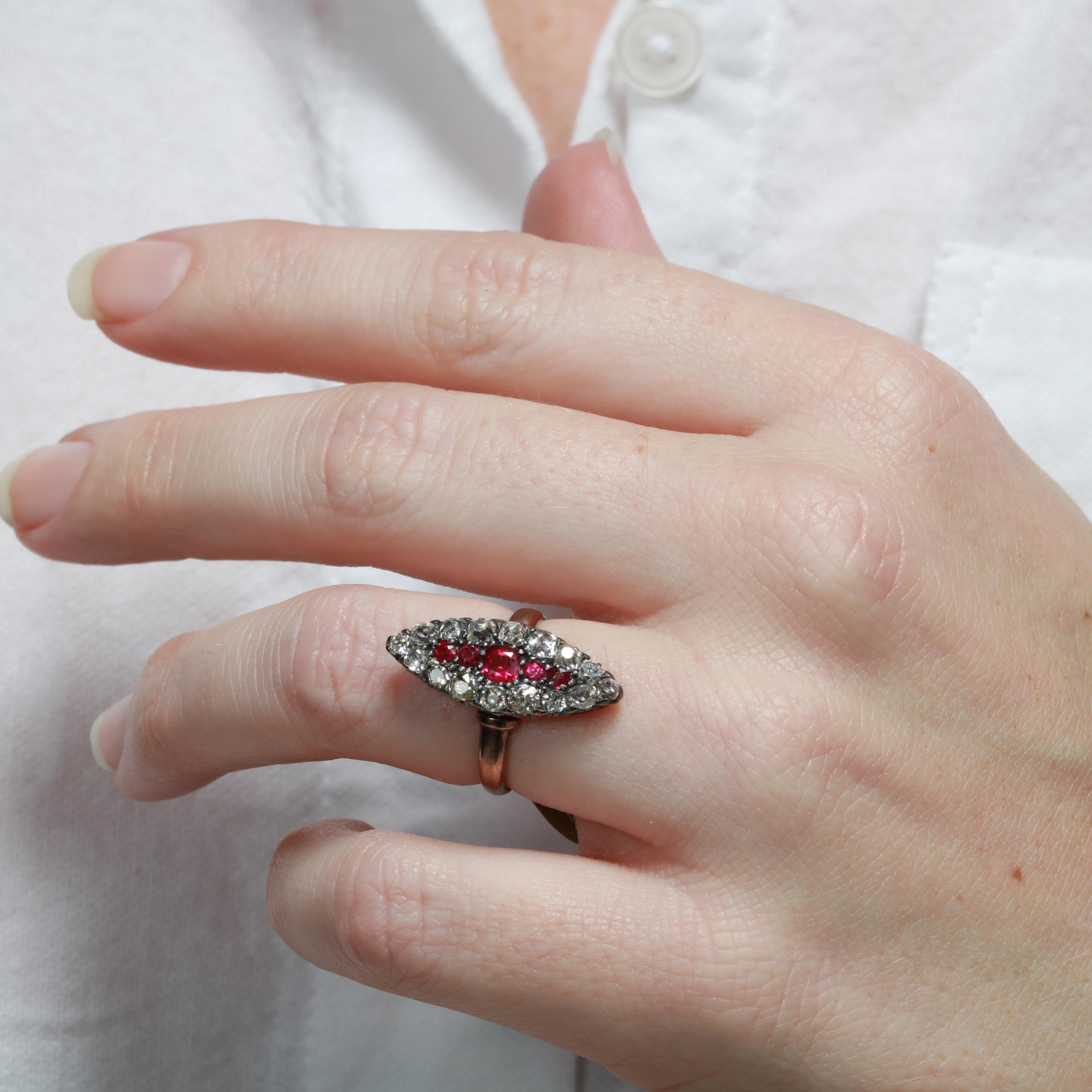 Victorian 14 Karat Gold Synthetic Ruby and Diamond Navette Ring 1