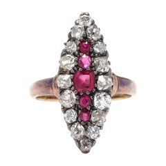 Victorian 14 Karat Gold Synthetic Ruby and Diamond Navette Ring