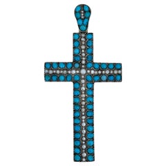 Victorian 14 Karat Gold Turquoise Pearl Cross Pendant