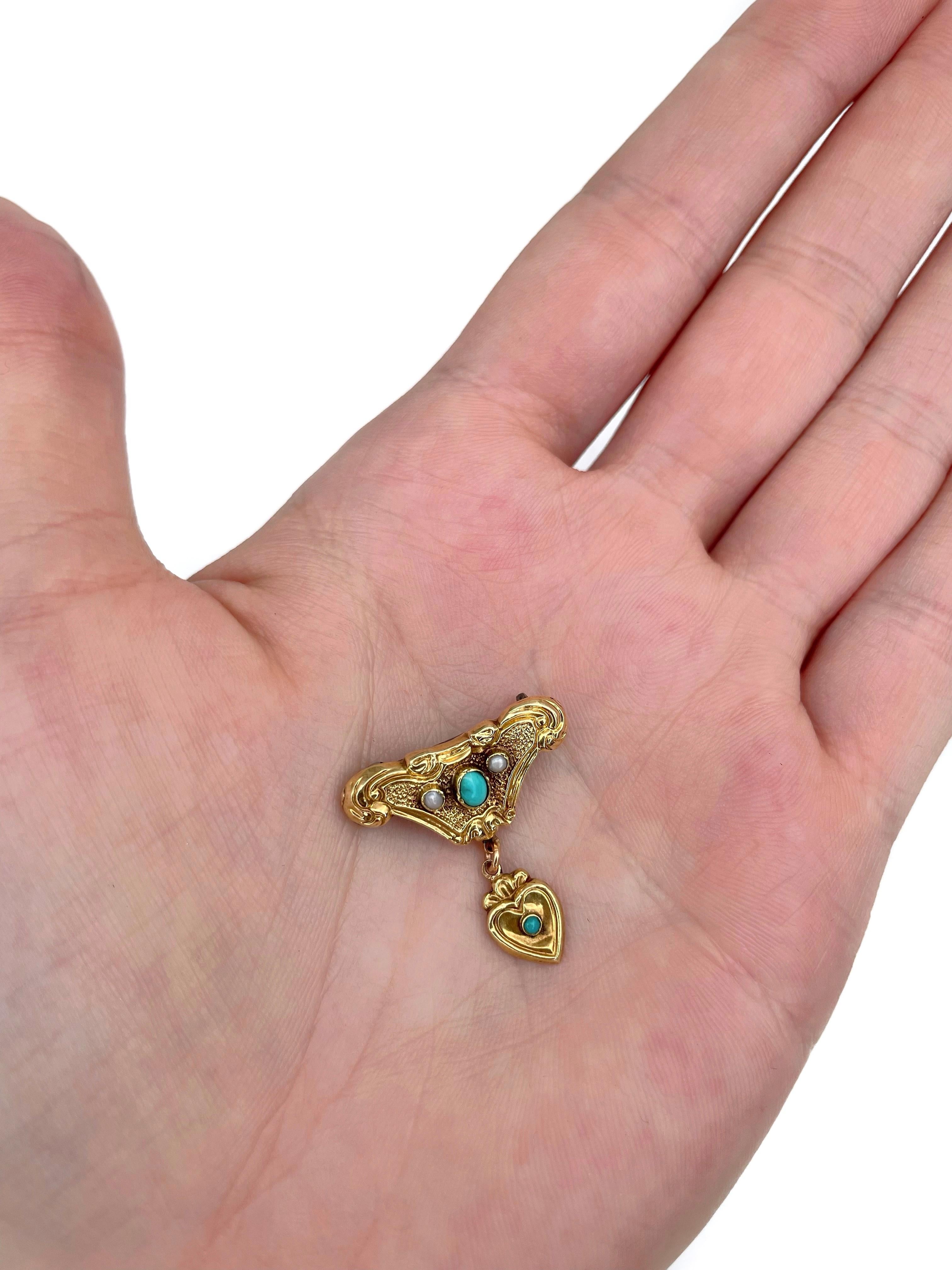 This is a lovely Victorian miniature drop pin brooch crafted in 14K yellow gold. The piece features cabochon cut turquoises and seed pearls. 

Has a C clasp. 

Weight: 1.64g
Size: 2.5x2.2cm

———

If you have any questions, please feel free to ask.