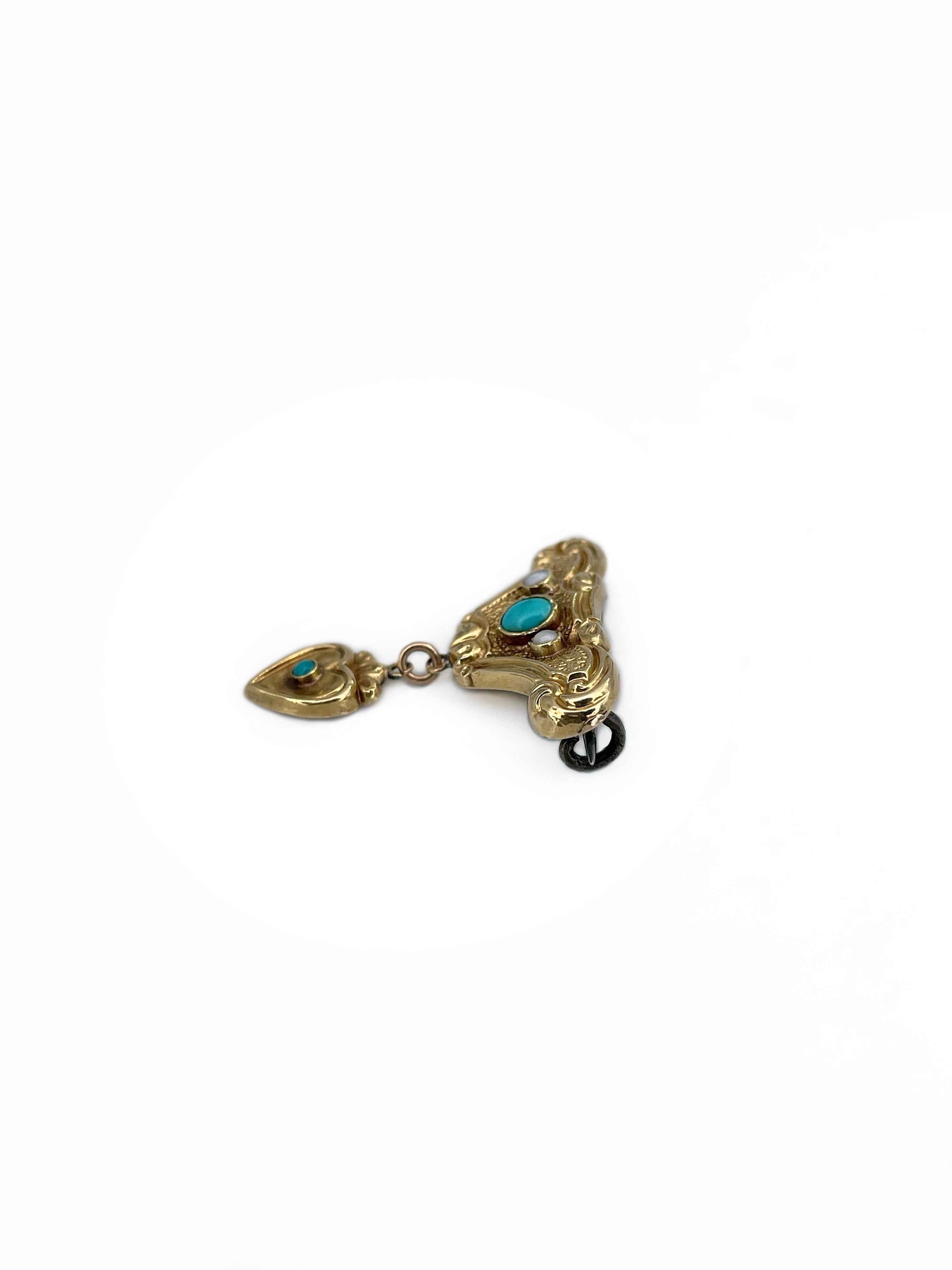 Mixed Cut Victorian 14 Karat Gold Turquoise Pearl Miniature Drop Brooch