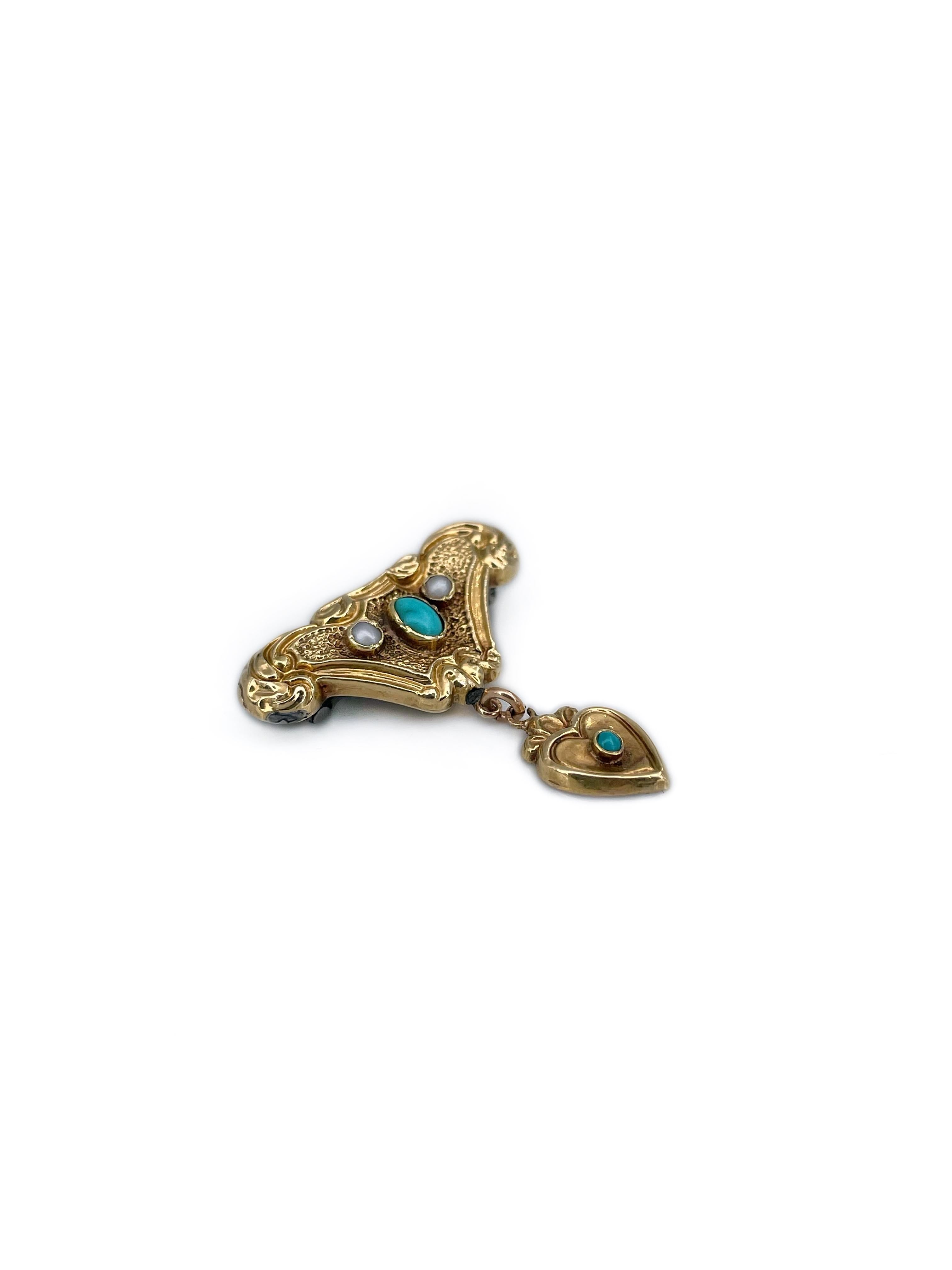 Victorian 14 Karat Gold Turquoise Pearl Miniature Drop Brooch In Good Condition In Vilnius, LT