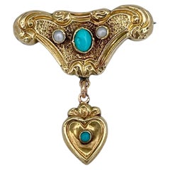 Victorian 14 Karat Gold Turquoise Pearl Miniature Drop Brooch