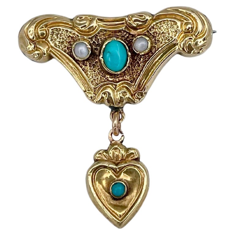 Vintage Pearl and Turquoise 15 Karat Gold Brooch -  Israel