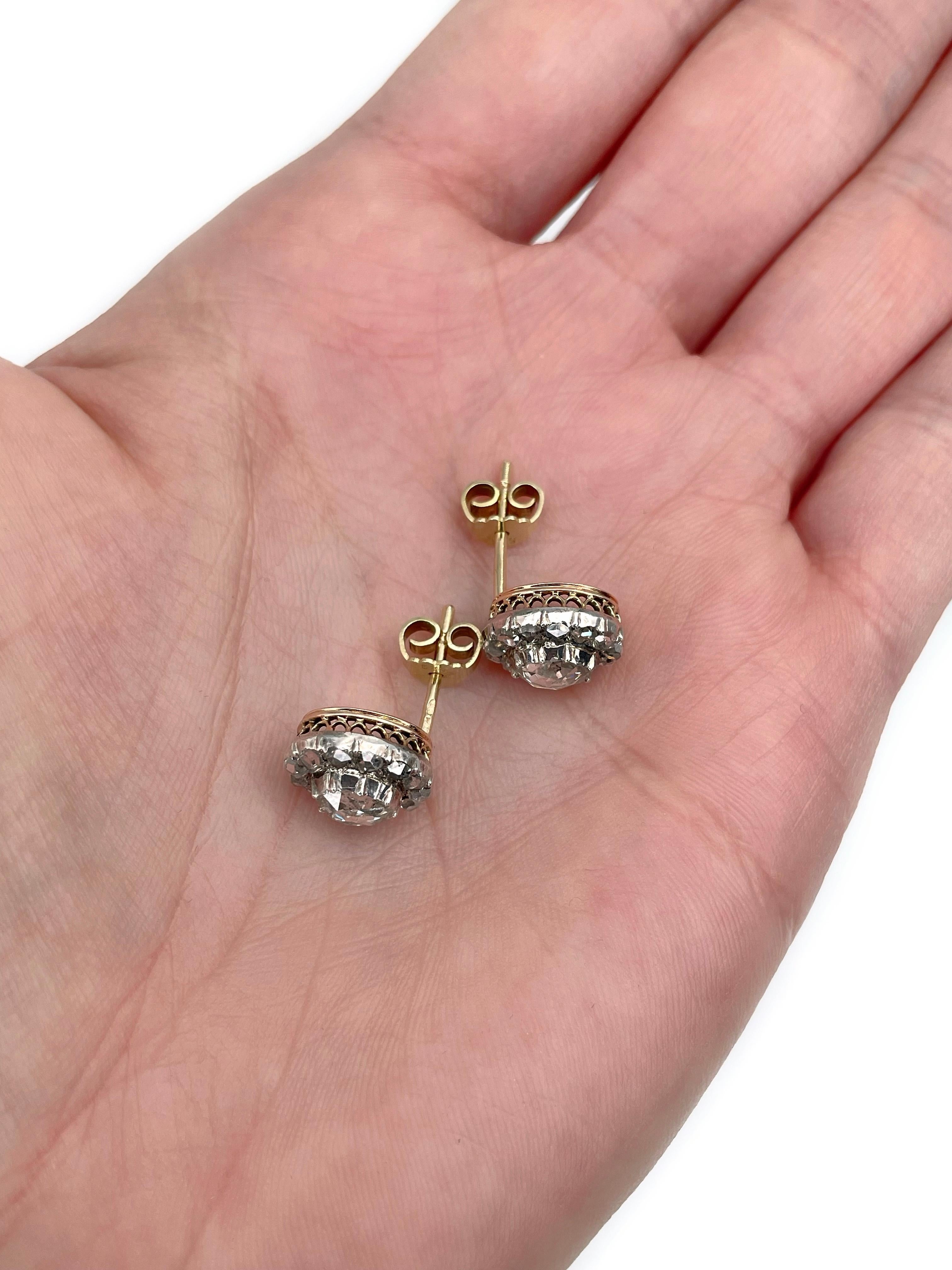 Victorien Clous d'oreilles victoriens en or 14 carats avec diamants taille rose de 1,75 carat poids total en vente