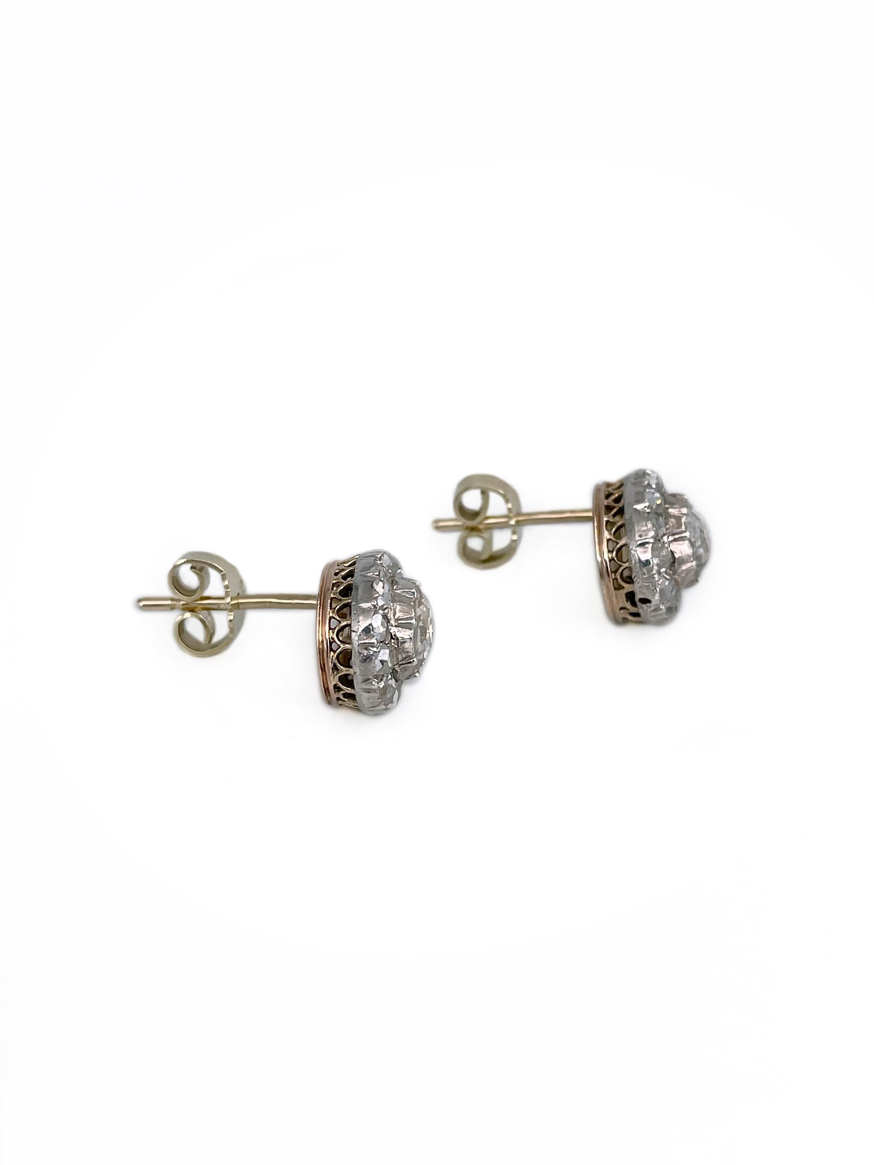 Taille rose Clous d'oreilles victoriens en or 14 carats avec diamants taille rose de 1,75 carat poids total en vente