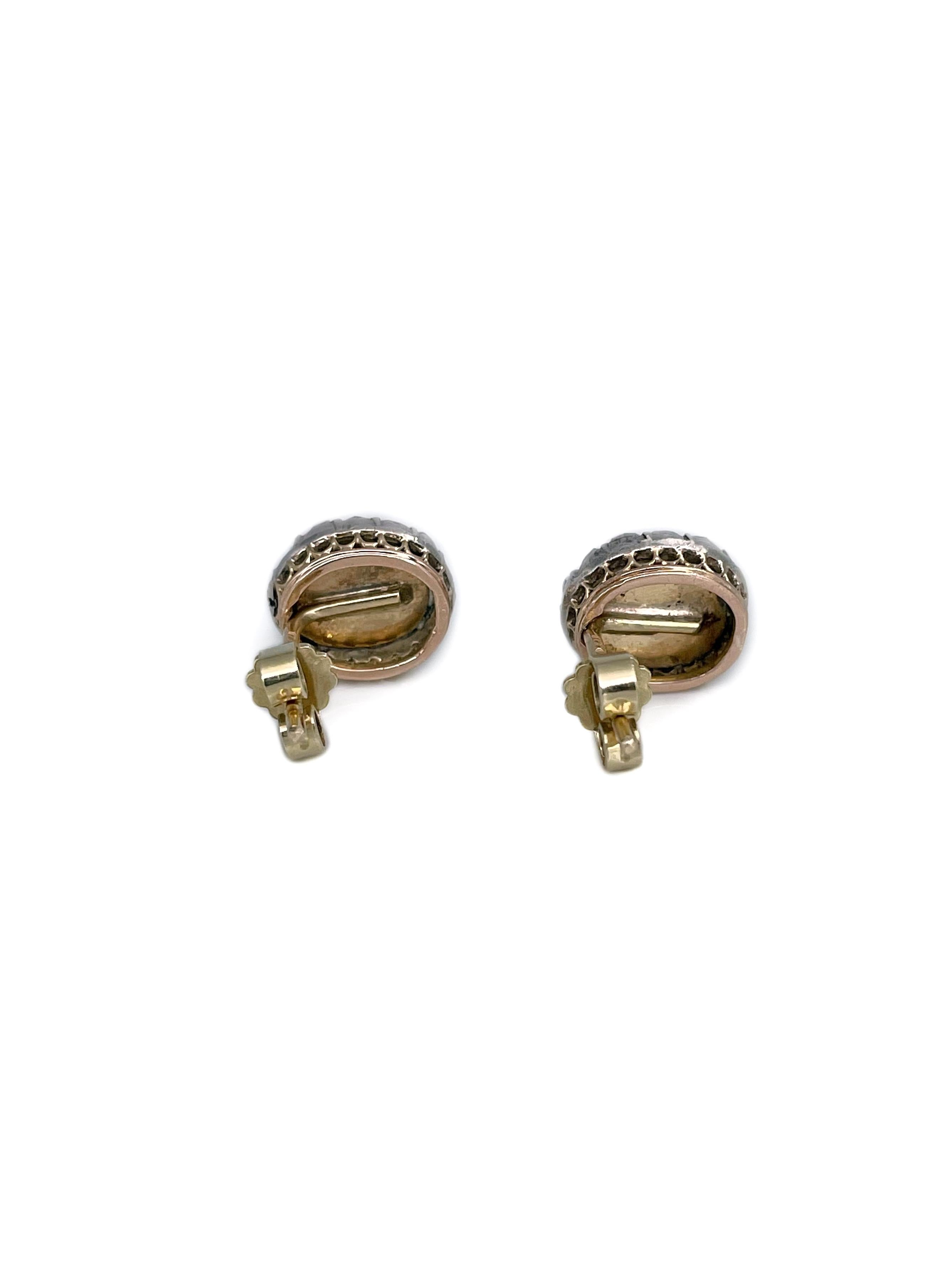 Clous d'oreilles victoriens en or 14 carats avec diamants taille rose de 1,75 carat poids total Bon état - En vente à Vilnius, Vilniaus apskr.