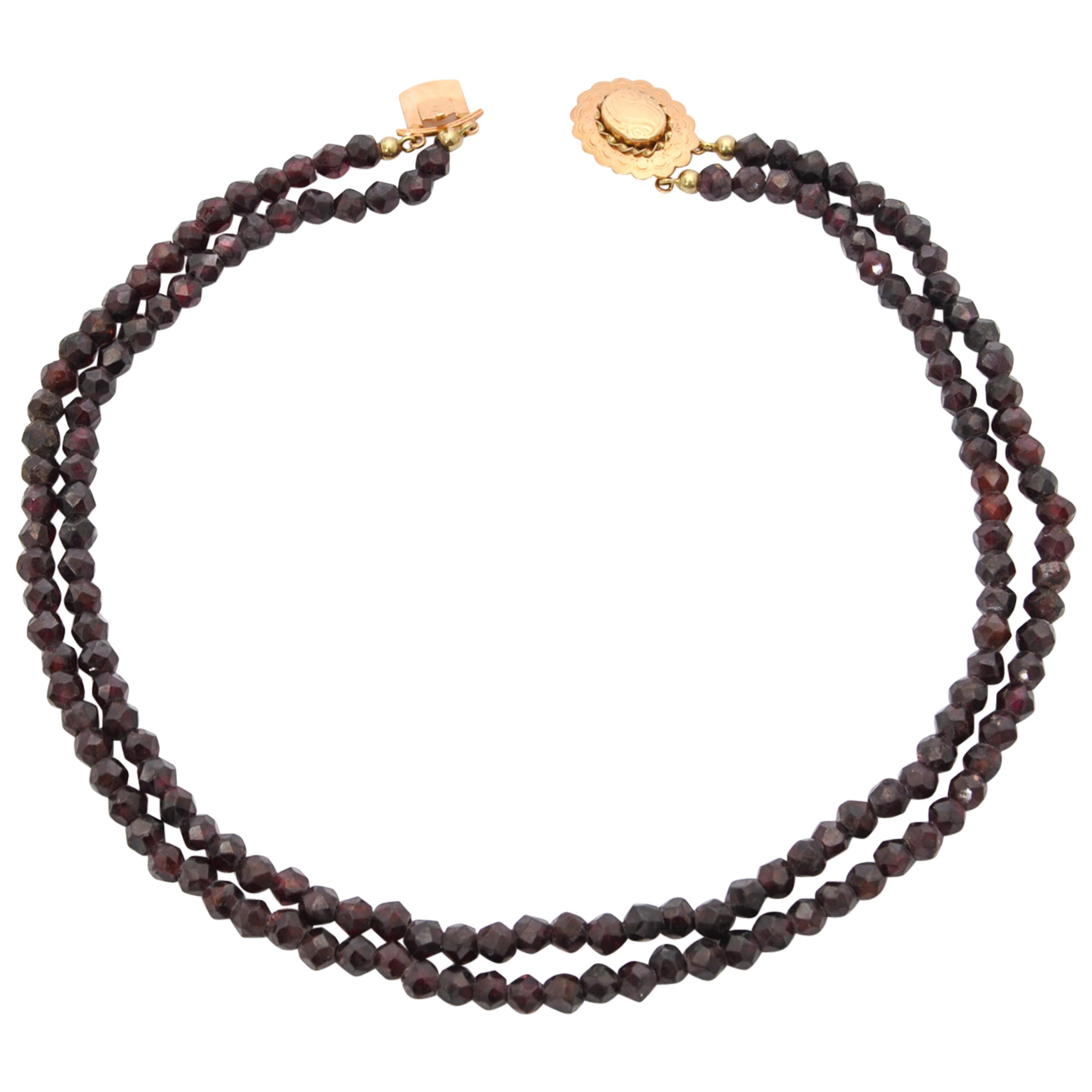 Antique 14K Gold and Garnet Two-Strand Beaded Necklace, Netherlands