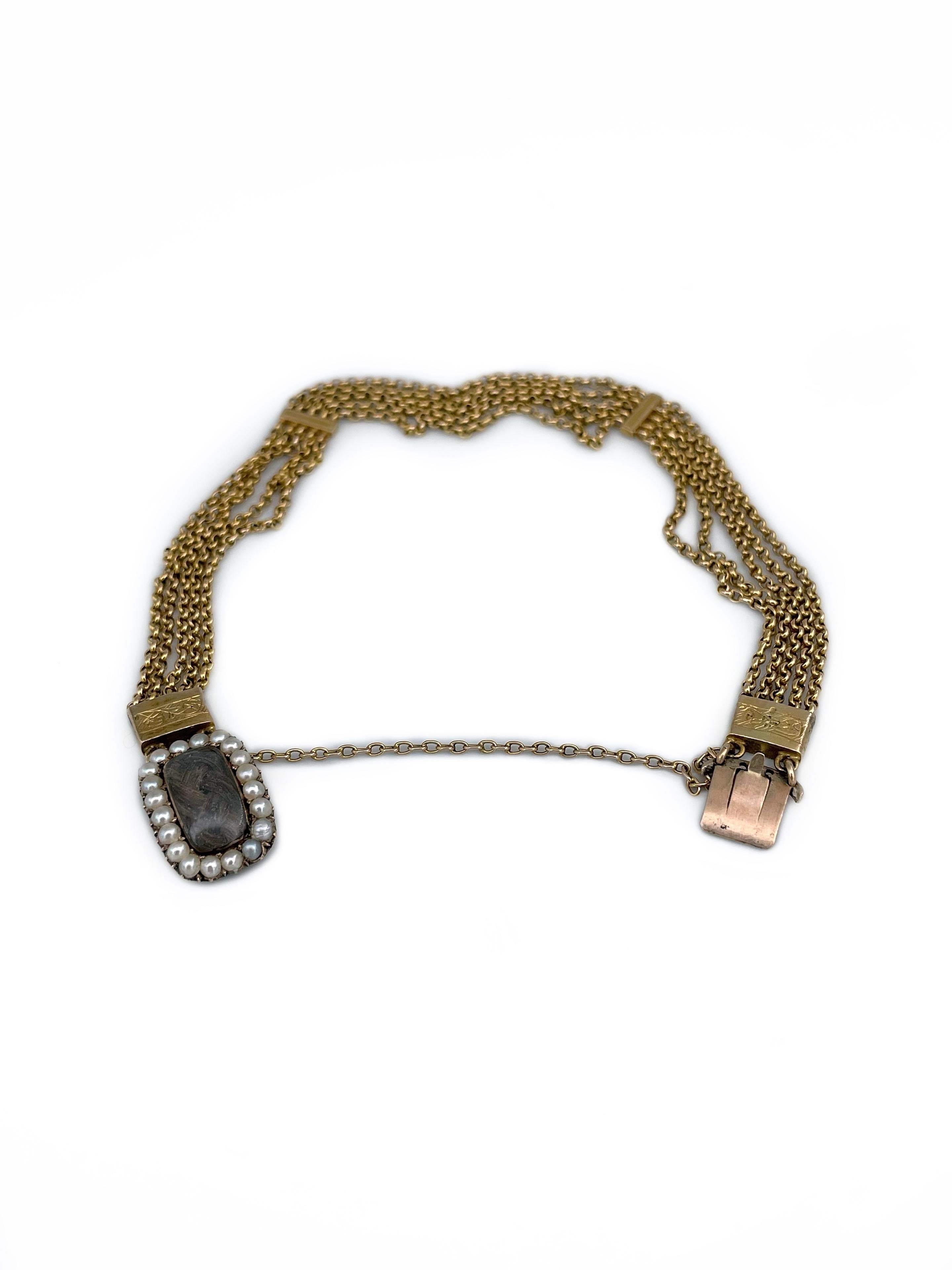 Round Cut Victorian 18 Karat Gold Woven Hair Pearl Locket Multi-Strand Chain Bracelet For Sale