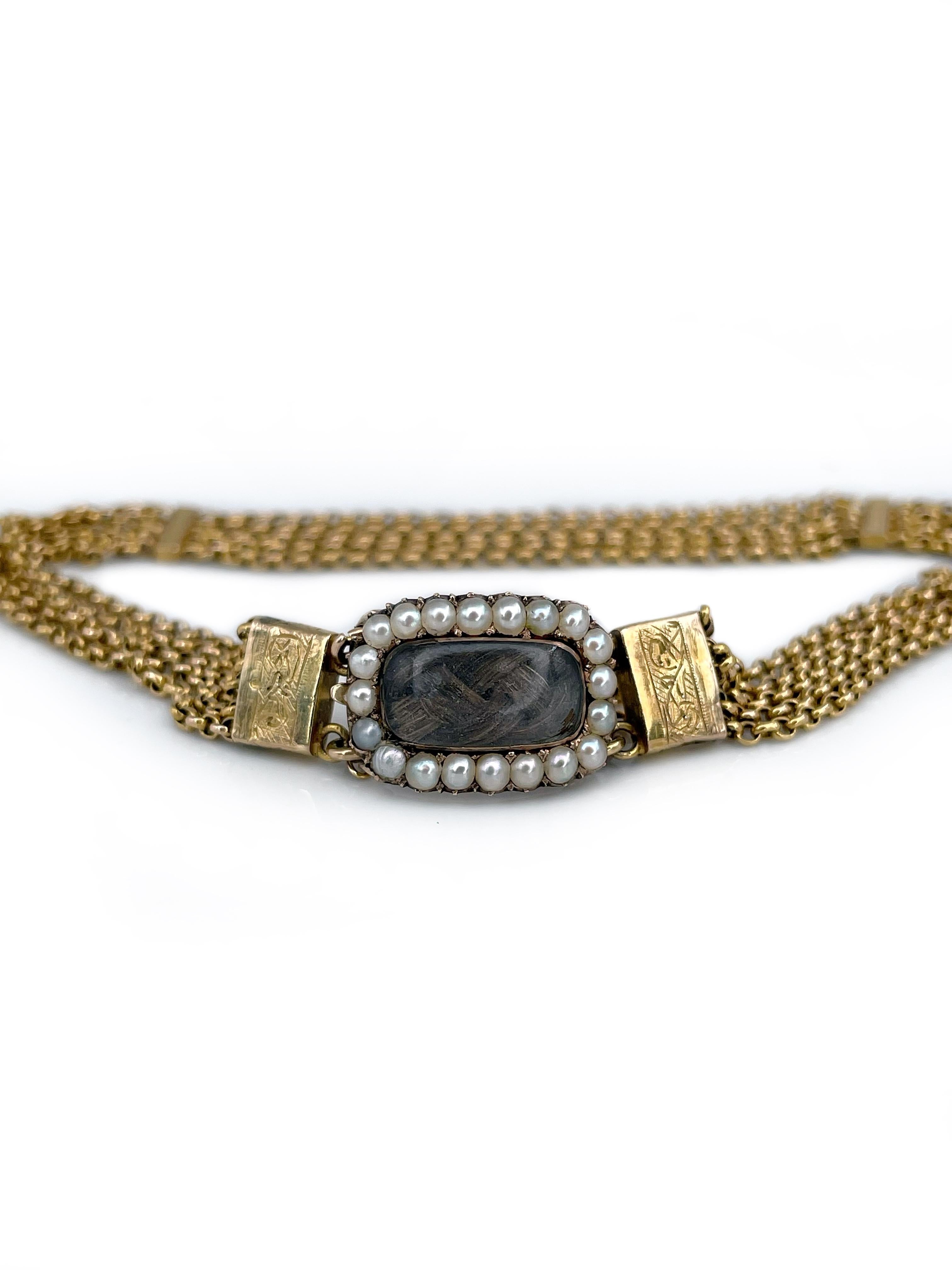 Women's Victorian 18 Karat Gold Woven Hair Pearl Locket Multi-Strand Chain Bracelet For Sale