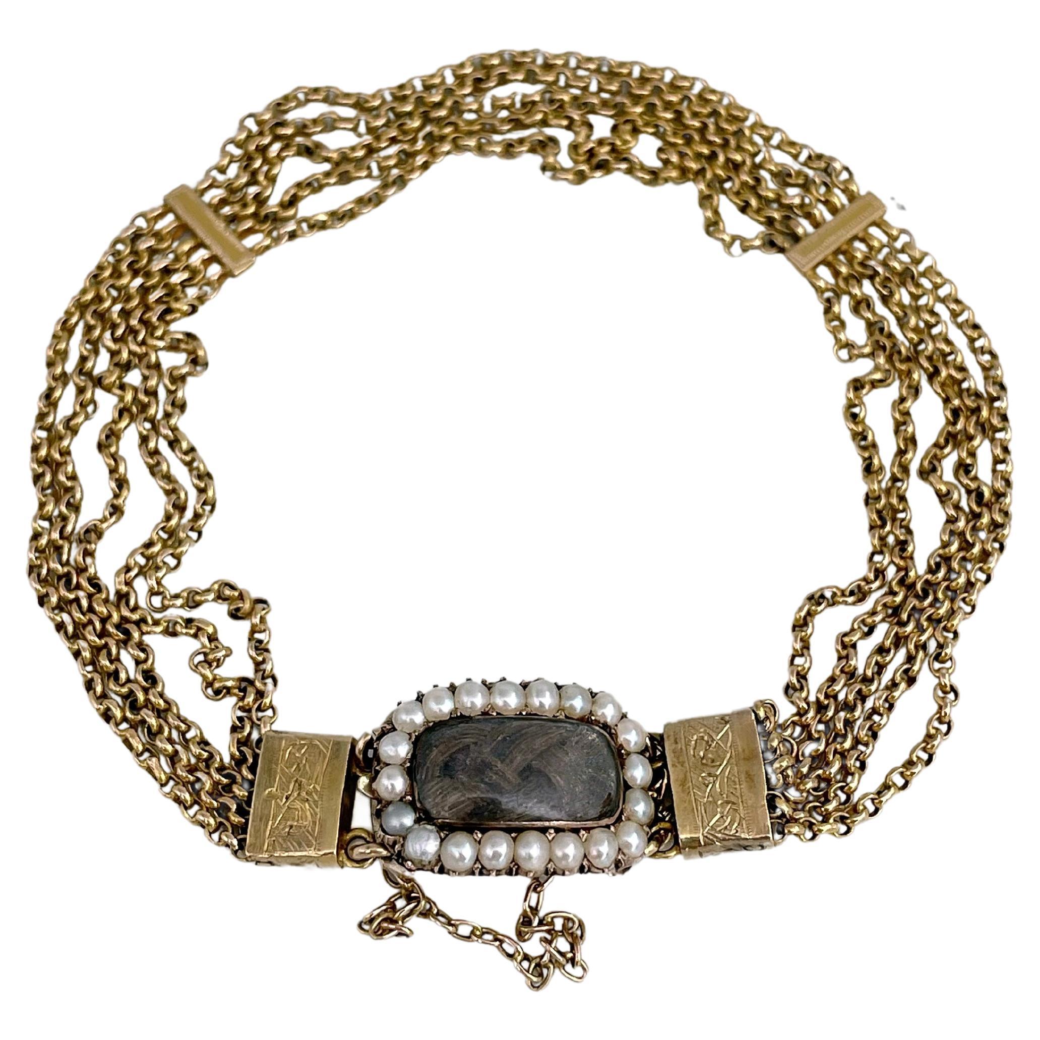 Victorian 18 Karat Gold Woven Hair Pearl Locket Multi-Strand Chain Bracelet For Sale