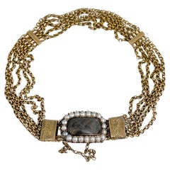 Victorian 18 Karat Gold Woven Hair Pearl Locket Multi-Strand Chain Bracelet