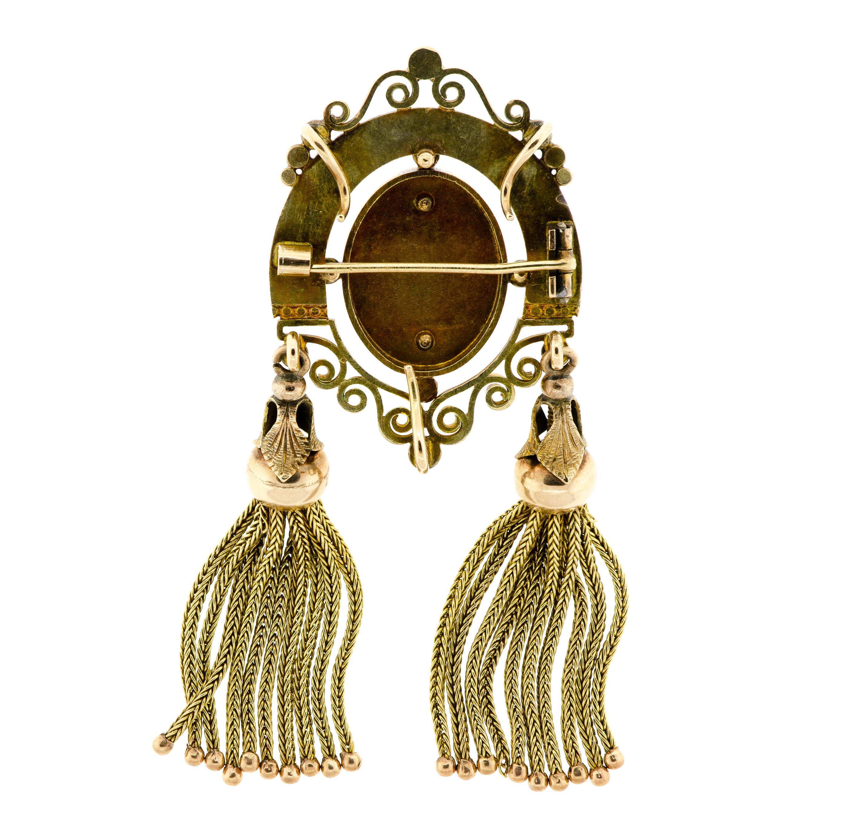 Absolutely spectacular Victorian Circa 1870 14Kt yellow gold and black/white hardstone cameo of a Beautiful woman in profile, with wonderful tassel drops, lovely scrolled and applied gold detail work. Reverse: all original, tube hinge, c-catch, Hook