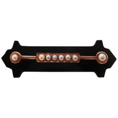 Antique Victorian 14 Karat Rose Gold Black Onyx and Seed Pearl Bar Pin